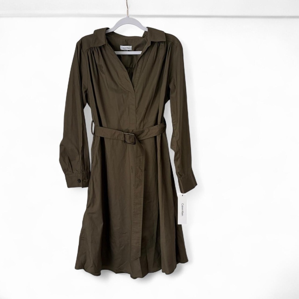 Calvin Klein Olive Green Belted Shirt Dress NWT size 12